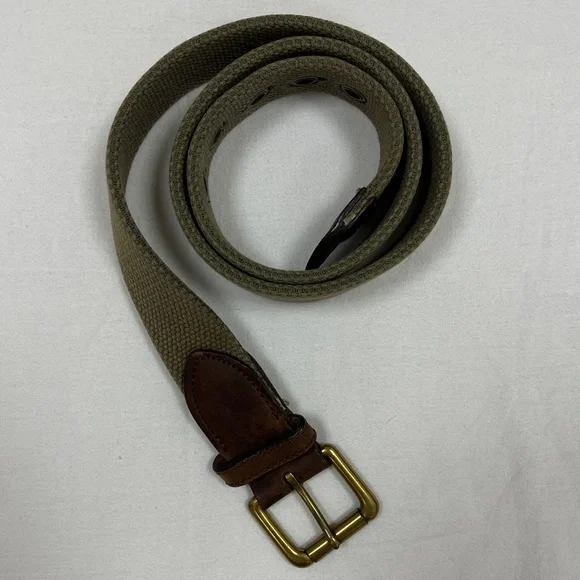 J Crew Woven Webbed Elastic Leather Belt with Square Buckle Made in USA Khaki - Picture 1 of 7